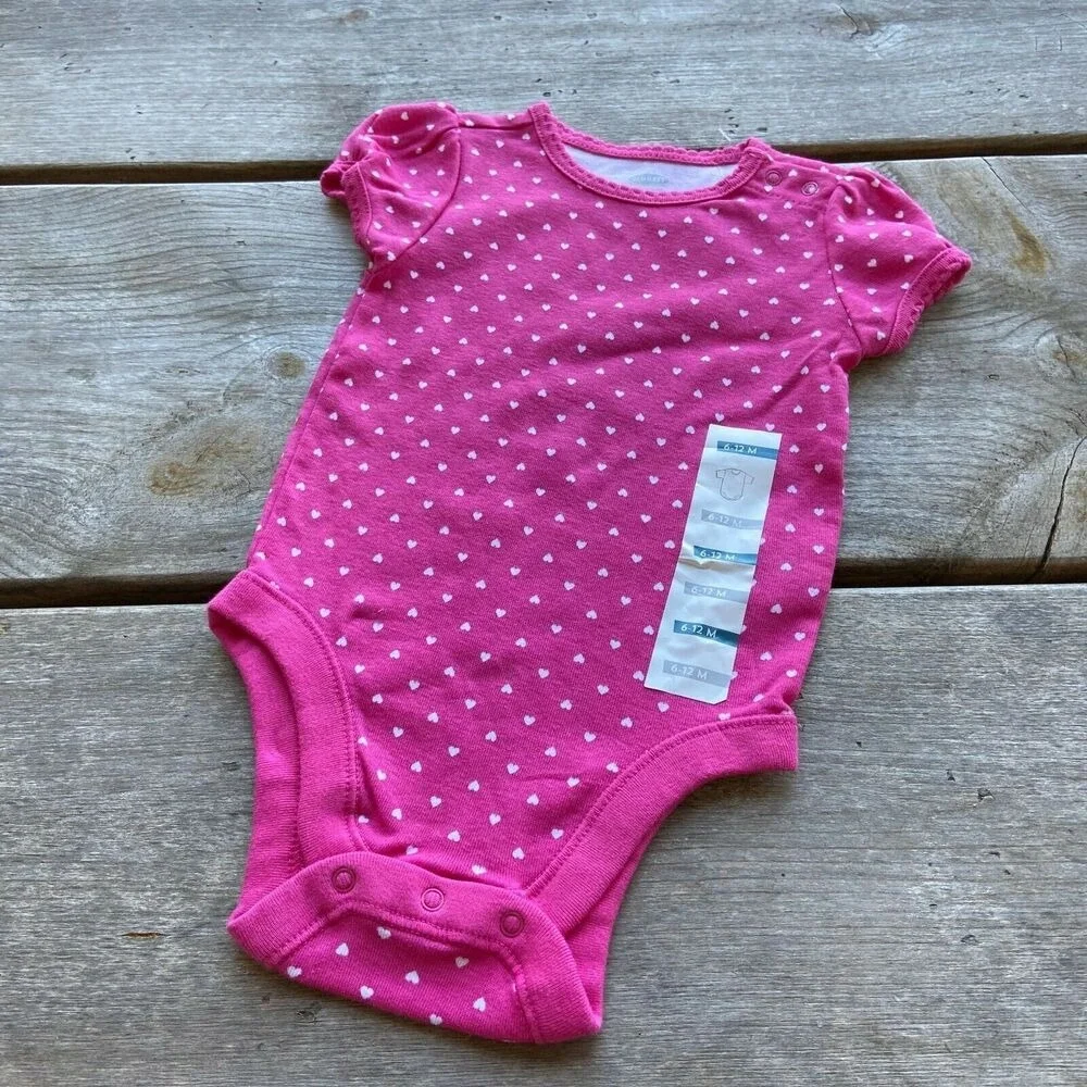 Old Navy Girls Bodysuit‎ Size 6-12 Mo Pink White Polka Dot Hearts Print NEW